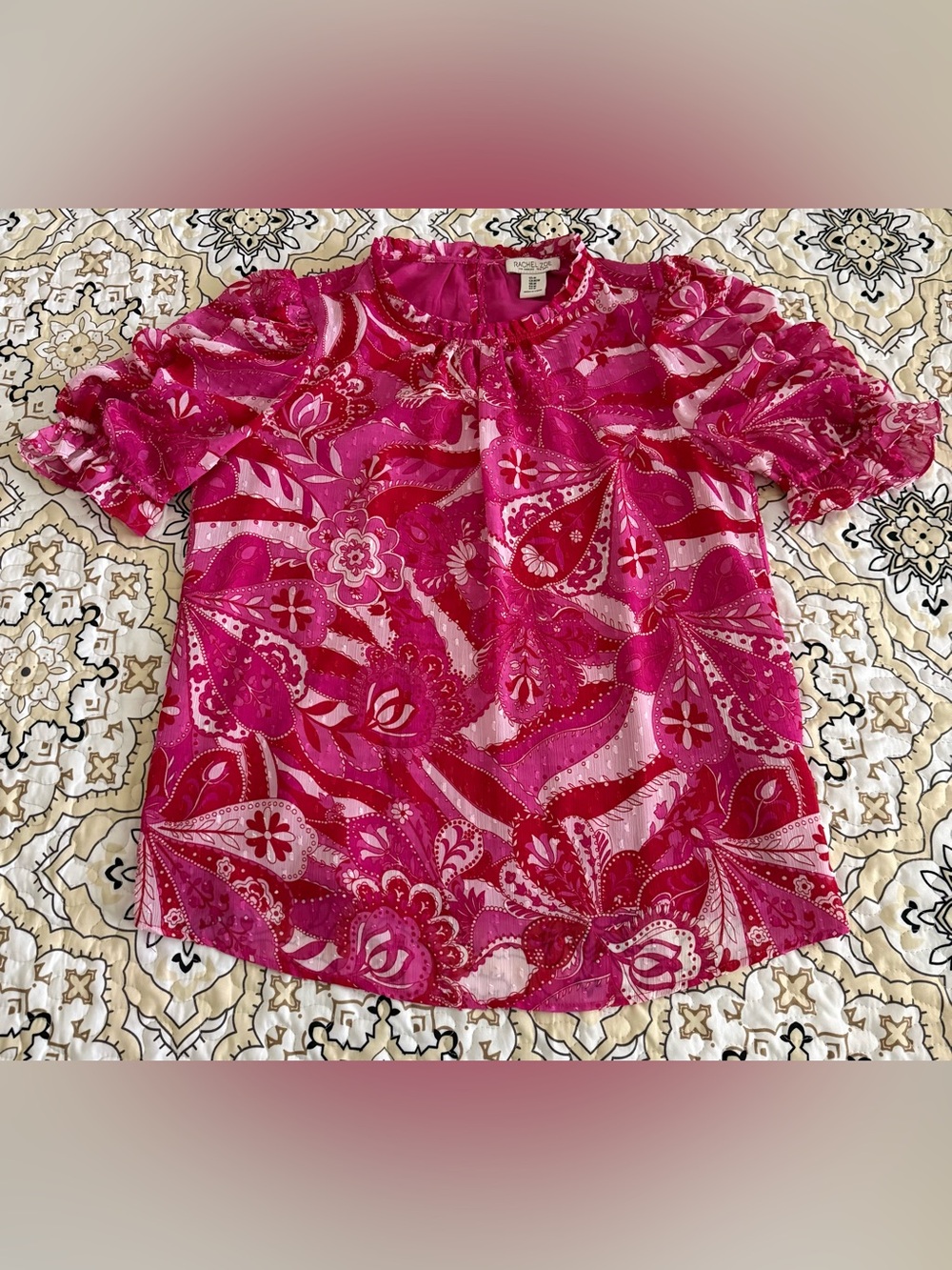 Rachel Zoe fuchsia pink paisley ruffle short sleeve Medium NWOT lined